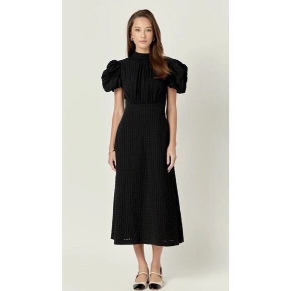 English Factory PUFF SLEEVES MIDI DRESS Smocked Back Black XS NWT $175 - Picture 1 of 16